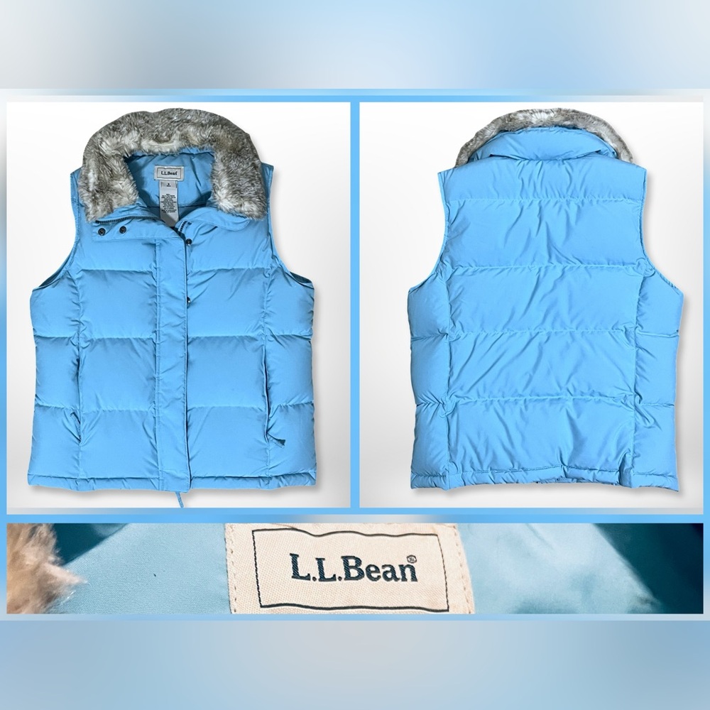 VTG L.L. Bean Y2K Goose Down Puffer Vest Sky Blue with Removable Faux Fur Trim S